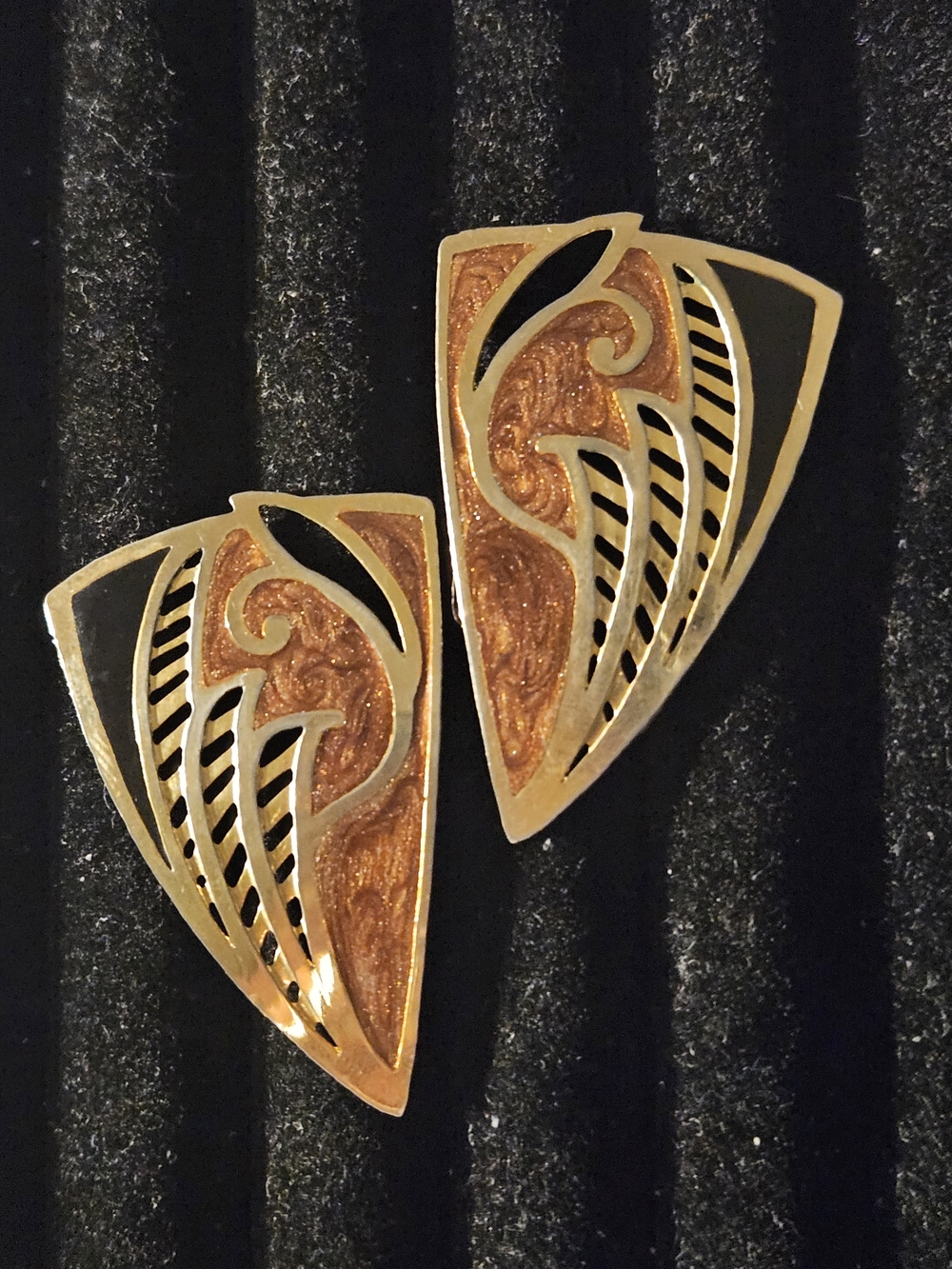 Gold-Tone Shield Earrings with Brown Enamel and Black Accents